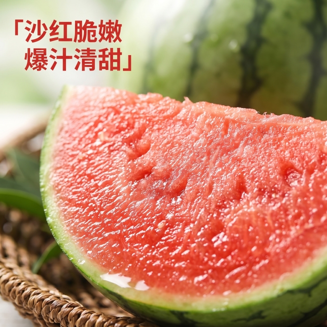 [主图-3] 微距特写展示2K手撕小糖丸薄皮西瓜沙红脆嫩瓜瓤
[氛围风格] 极致食欲感，新鲜诱人，突出果肉品质
[画质] 商业摄影质感、光线柔和通透、产品清晰真实、画面干净高级，微距纹理清晰
[元素]预览效果