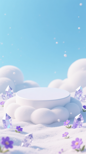 白色的圆形展示台置于柔和的白色云朵上，前景被白雪覆盖，周围分散的水晶被雪覆盖着，还有少量紫色的小花点缀其中，背景是浅蓝色天空，3D卡通风格。预览效果