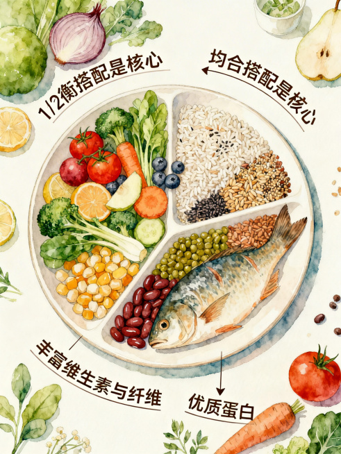 一个经典的“健康餐盘”分割图。餐盘分为三部分：1/2 盘：多彩的蔬菜水果插画，标注“丰富维生素与纤维”。1/4 盘：全谷物（糙米、藜麦）插画，标注“复合碳水与纤维”。1/4 盘：豆类、鱼类等蛋白预览效果