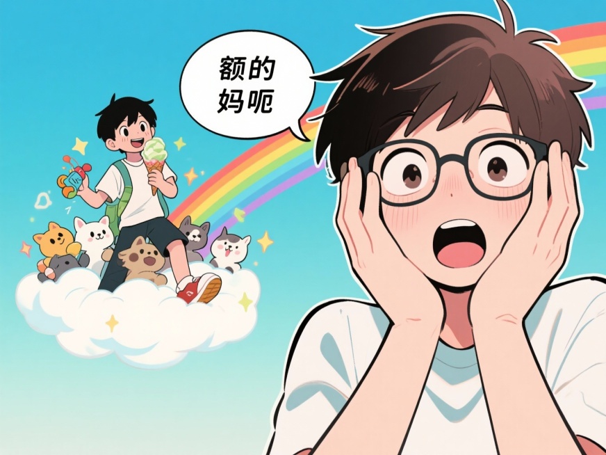 搞笑漫画风格，内容为“额的妈呃，真的是太羡慕他了”预览效果