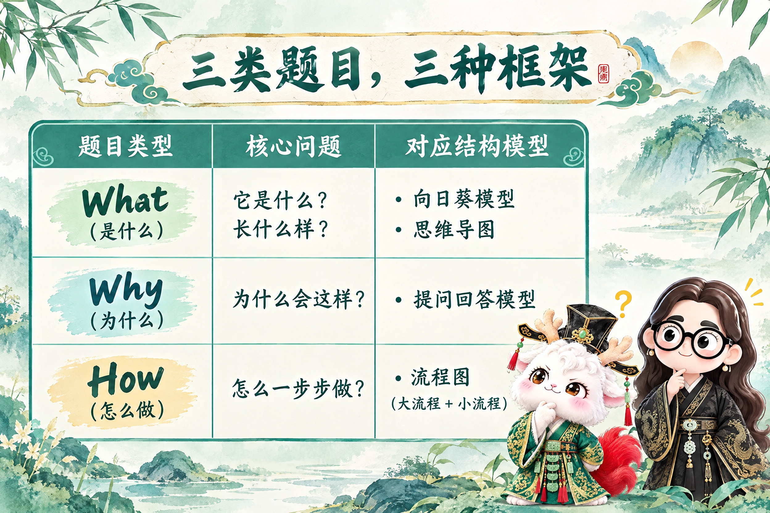 横版6寸比例的知识卡片设计，标题为"三类题目，三种框架"，画面… - 图片创意预览
