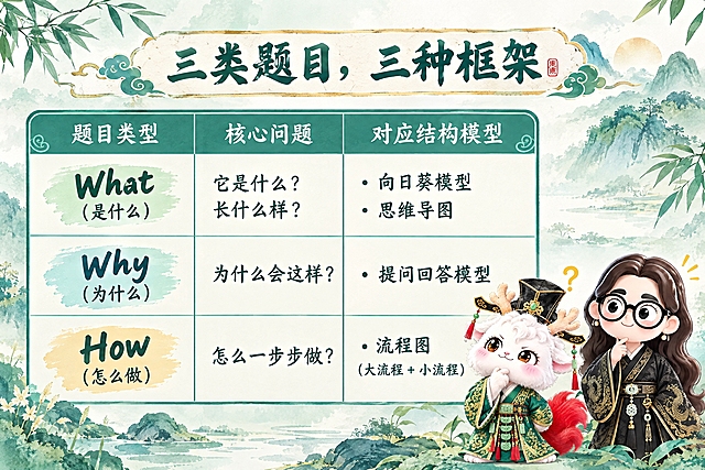横版6寸比例的知识卡片设计，标题为"三类题目，三种框架"，画面中央是一个四行三列的表格，表头为"题目类型"、"核心问题"、"对应结构模型"，内容依次为：What（是什么）- 它是什么？长什么样？ - 向日葵模型、思维导图；Why（为什么）- 为什么会这样？ - 提问回答模型；How（怎么做）- 怎么一步步做？ - 流程图（大流程+小流程）。右下角放置两个Q版国风IP形象：一个是摸下巴思考的白色毛绒瑞兽（穿绿色汉服戴官帽），另一个是戴黑框眼镜、穿黑色金龙纹汉服的卡通女孩，整体风格清新雅致，青绿色水彩风背景，与费曼复述卡系列风格统一，表格清晰易读，适合打印