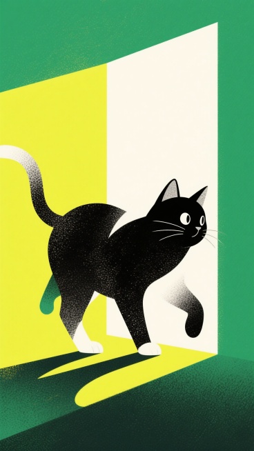 大卫霍尼克插画特色的猫咪单色插画。在抽象的阈限空间里，通过强烈的光影和色彩对比，展现出画面中运动与adm模糊以及粗糙颗粒感。背景以绿黄大色块拼接的极简设计，营造梦核氛围预览效果