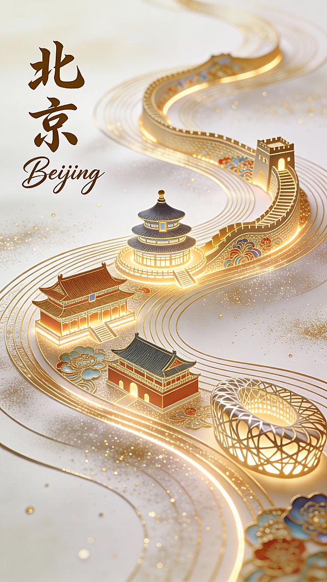 中式古典建筑微缩于鎏金浮雕之上，光影流转间尽显国潮奢华与梦幻体积感，长城蜿蜒如丝带，北京地标在金色韵律中熠熠生辉。
