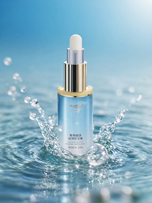 主体放在水面上，溅起一点点水花白色透明泡泡，前景模糊，明亮的蓝色背景