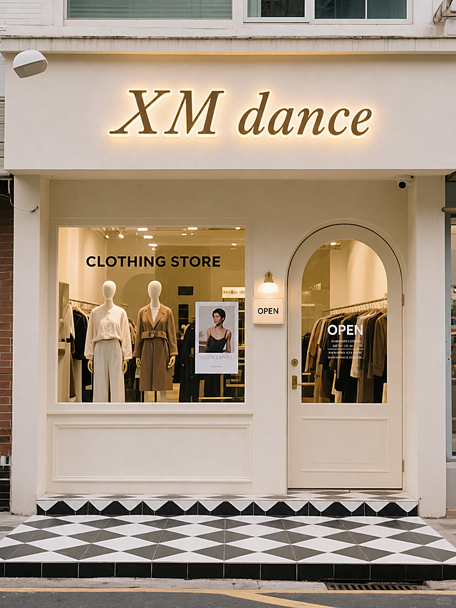 参考图片风格重新生成门店门头，将门头的文字从 Moon Beauty 改为 XM dance，保留整体场景、店铺装修风格、服装展示布局和色调不变