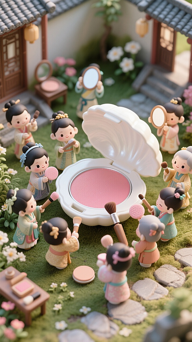 一群古风微缩小人围着一个巨大的白壳彩妆腮红，有人手里拿着彩妆刷，有人手里拿着粉扑，有人手里拿着镜子；背景是院子；热闹忙碌的景象
