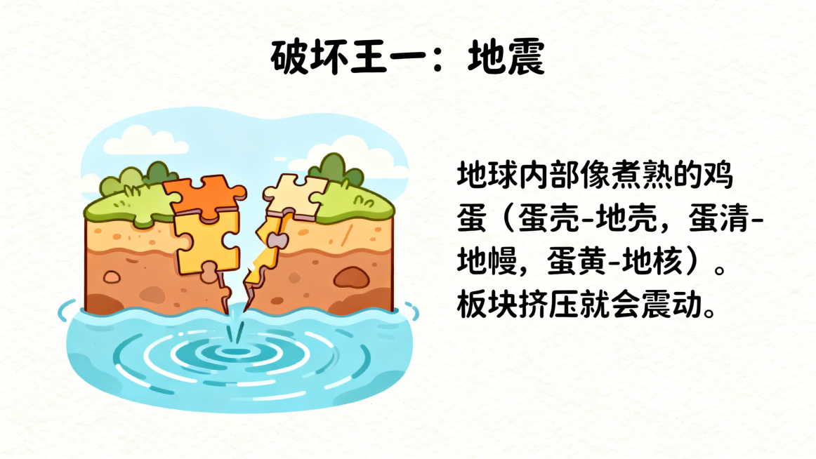 PPT页面，标题为"破坏王一：地震"，左侧是地壳板块像拼图一样碰撞，震波像水波纹扩散的卡通插图，右侧文字为"地球内部像煮熟的鸡蛋（蛋壳-地壳，蛋清-地幔，蛋黄-地核）。板块挤压就会震动。"，风格童趣可预览效果