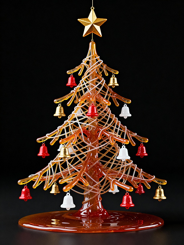 液态风圣诞树，3D重拟物设计，流淌质感与彩铃点缀，喜庆感十足，节日氛围浓郁。