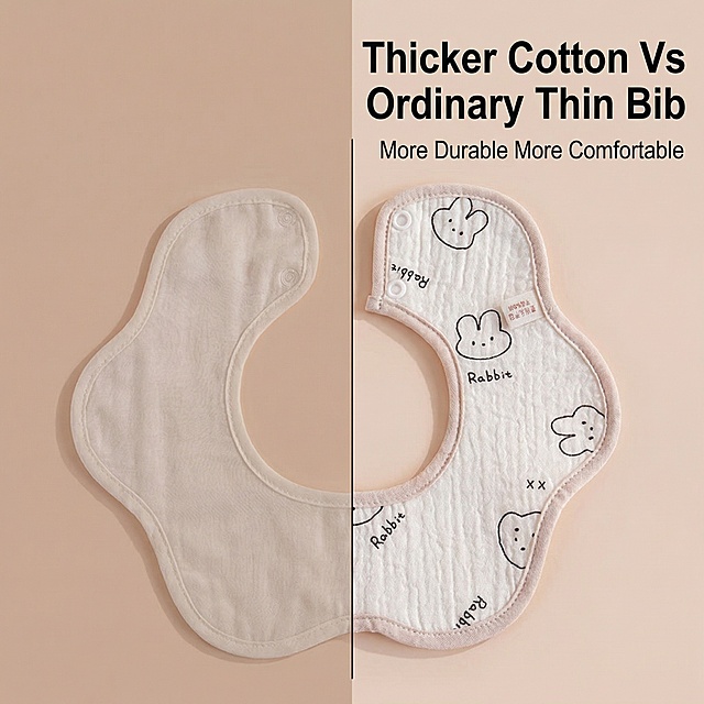 Product: 100% Pure Cotton Baby Bib. Keep product 100% same as original, no change to appearance. This page compares with ordinary bib, highlight product advantage, split layout (slice effect) on one canvas, our product on right side. Text: "Thicker Cotton Vs Ordinary Thin Bib" in large prominent English, "More Durable More Comfortable" subtitle, text on blank area, do not cover core product. Single image per page, product complete.