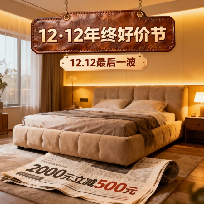 这是一张沙发床促销海报，顶部为皮质纹理字牌“12·12 年终好价节”，副标题标签展示“12.12 最后一波”，图中商品位于暖黄调灯光的温馨卧室中，超大尺寸纸质创意报纸被压在商品底部，报纸露出部分信息“预览效果