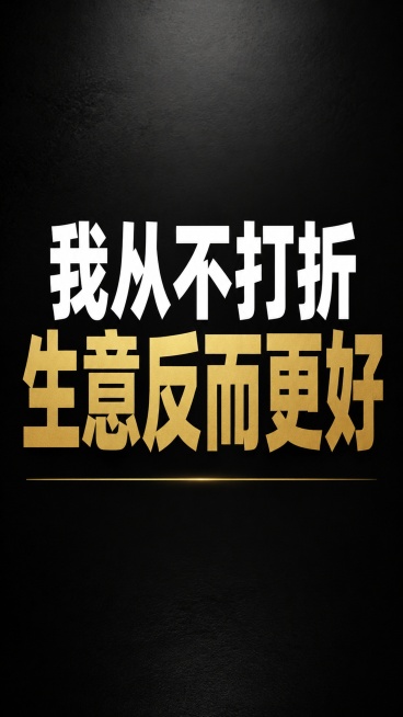 一张抖音竖版封面，基调坚定、自信、有原则感。背景采用深色质感渐变，简洁沉稳，无多余装饰。画面中央偏上位置，用超大号白色粗体字写下核心态度：“我从不打折”，换行用更大字号的金色粗体写下：“生意反而更好”预览效果