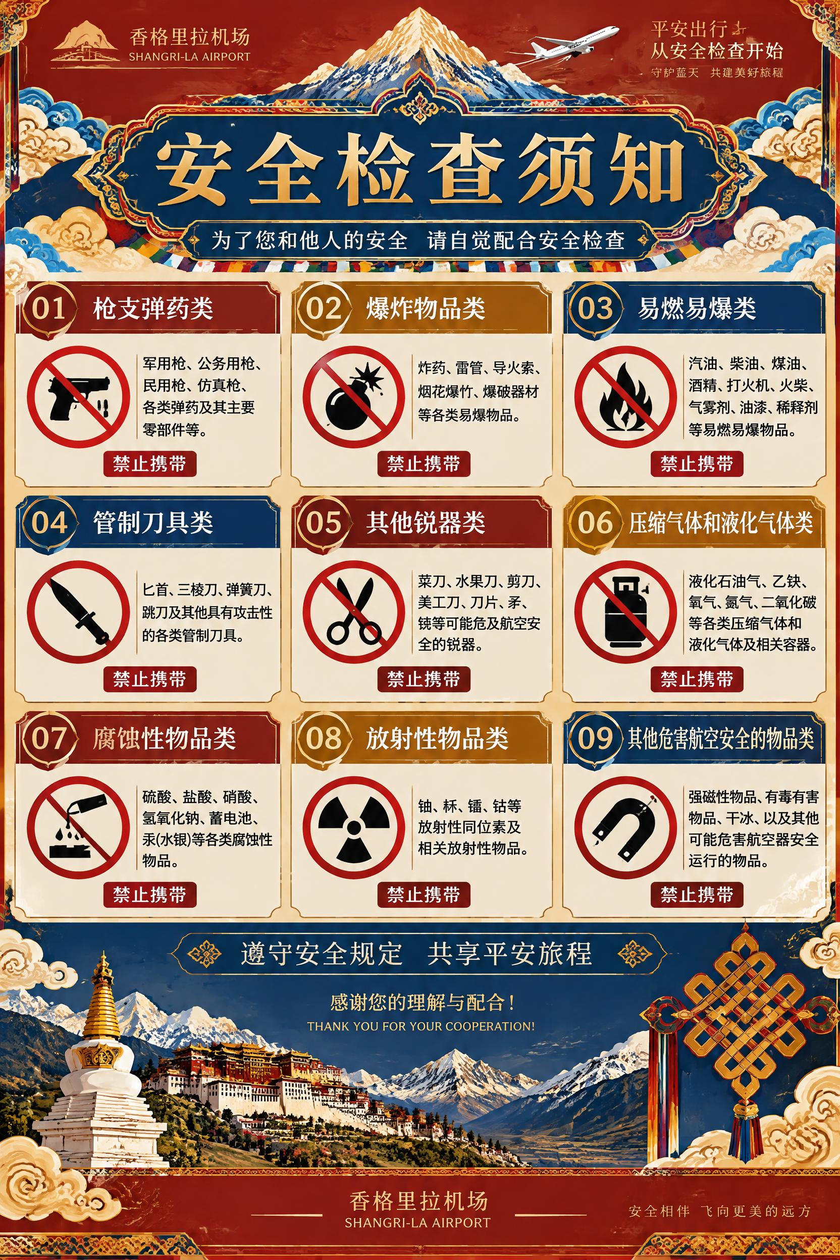 机场安全检查须知宣传海报，竖版2:3比例，香格里拉藏式风格设计… - 图片创意预览