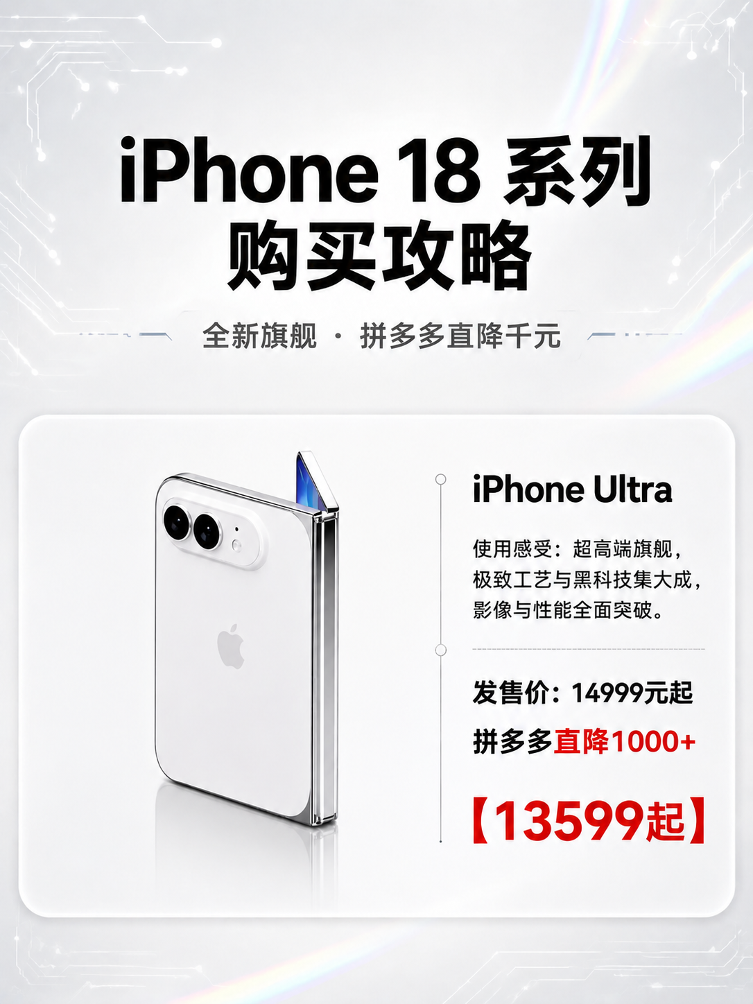 将海报左侧卡片中的手机产品图替换为第二张图中的白色苹果折叠屏手… - 图片创意预览