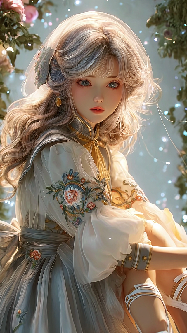 masterpiece, best quality, 8k, ultra-detailed, CG anime girl, full body shot, slender figure, gray tulle long dress with floral embroidery, waist ribbon bow, golden brown wavy hair with tulle headscarf, outdoor natural light, warm bright tone, soft tulle luster, clear embroidery, white strappy soft-soled flat shoes, garden background, detailed face (refer to face reference), gentle temperament, sun-kissed skin
