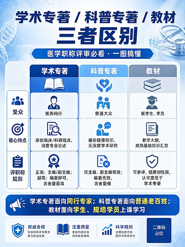 医学职称评审科普信息图海报，专业清晰的信息图表风格，蓝白主色调，3:4竖版比例。画面顶部大标题："学术专著 / 科普专著 / 教材 三者区别"，副标题："医学职称评审必看 · 一图搞懂"。中间主体为三列对比表格，三列分别用深蓝、浅蓝、灰蓝色卡片区分：第一列标题"学术专著"，内容含受众"医务同行"、核心特点"原创临床/科研观点，深度专业论述"、评职称规则"正高：主编/副主编；副高：编委即可，含金量最高"；第二列标题"科普专著"，内容含受众"普通大众"、核心特点"通俗健康知识，无深度学术研究"、评职称规则"仅主编、副主编有效；编委无效，含金量低"；第三列标题"教材"，内容含受众"医学生、学员"、核心特点"教学大纲，成熟基础知识汇总"、评职称规则"可参评，但原创性弱，认可度低于学术专著"。底部一句话总结区："学术专著面向同行专家；科普专著面向普通老百姓；教材面向学生、规培学员上课学习"。整体版式精美，信息层级分明，图标点缀，医学专业感，2K高清，画面中所有信息区域必须填充完整合理的内容，不得出现空白框或占位。画面中所有二维码区域使用纯色方块占位符呈现，方块中央标注"二维码占位"文字，严禁生成任何可识别的二维码图案。
