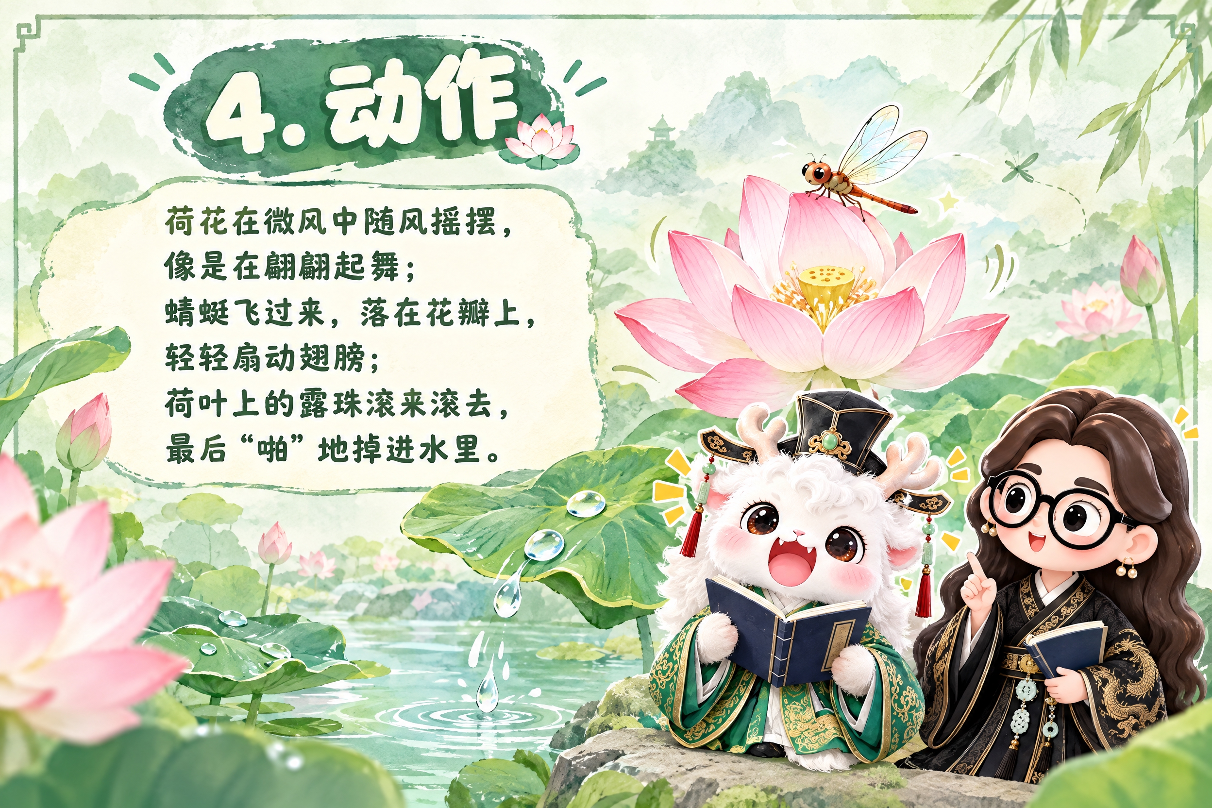 横版6寸比例的知识卡片设计，标题为"4. 动作"，内容为：荷花… - 图片创意预览