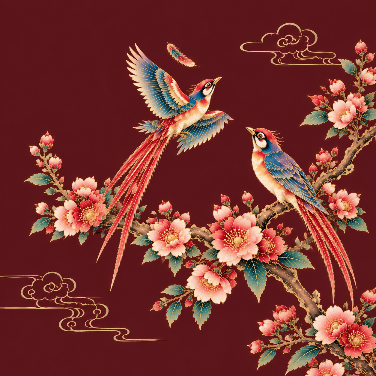 将图1的花鸟画面转换为图2的国风工笔插画风格：采用图2的细腻工… - 图片创意预览