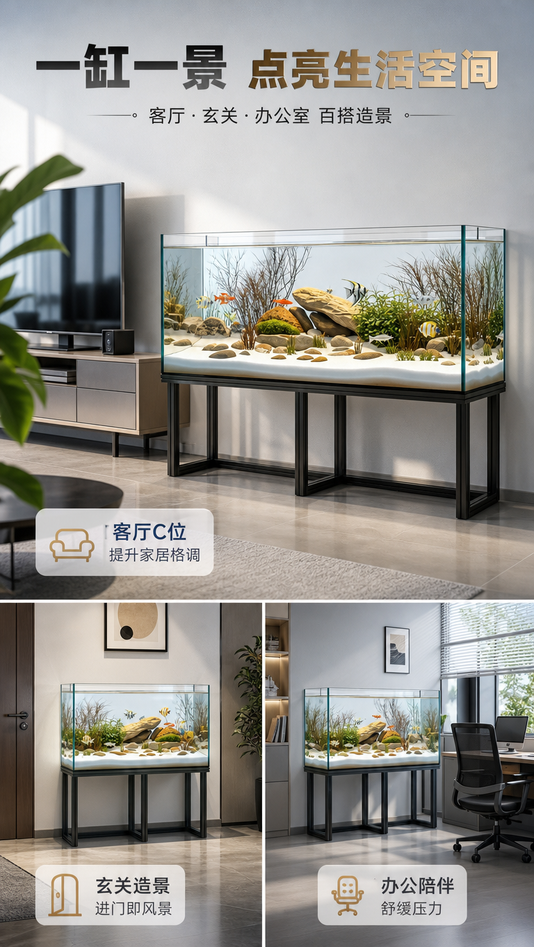 [商品] 使用【图1】长方形金晶超白玻璃鱼缸，配黑色金属支架；… - 图片创意预览