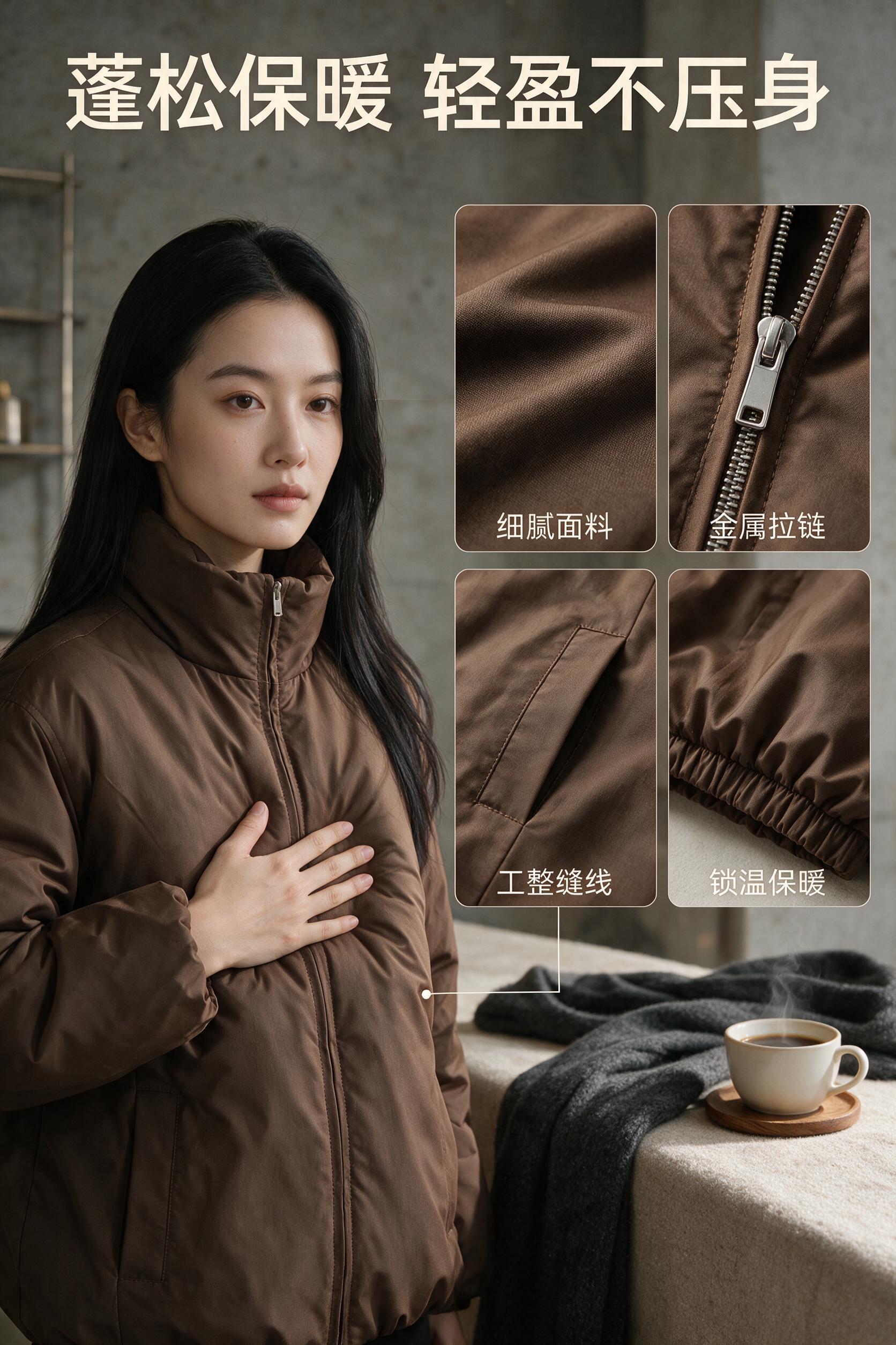 面料细节页。女模特留乌黑顺滑长直发，妆容干净素雅，神情平静从容… - 图片创意预览