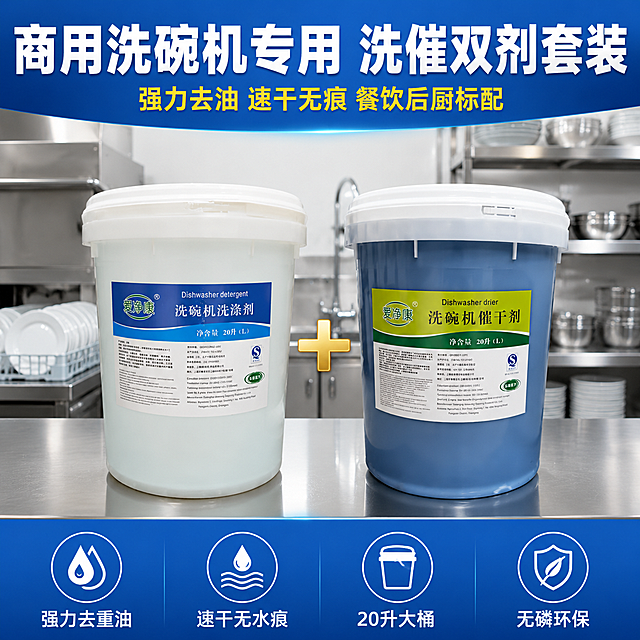 电商主图首图，爱净康商用洗碗机专用洗涤剂和催干剂双产品组合主视觉。画面左右并排放置两大桶产品，左侧是蓝白标签的洗碗机洗涤剂白色大桶（白色液体），右侧是黄绿标签的洗碗机催干剂深蓝色大桶，两桶之间有金色加号连接，底部是不锈钢操作台台面。背景是干净明亮的商用洗碗机厨房场景，远处可见商用洗碗机、不锈钢货架和餐具，虚化处理营造专业后厨氛围。

顶部大标题文字："商用洗碗机专用 洗催双剂套装"，白色粗体大字叠加在深蓝色渐变横幅上。标题下方副标题："强力去油 速干无痕 餐饮后厨标配"，黄色小字。

底部蓝色通栏内均匀排列4个圆形图标加文字卖点，从左到右：油污图标+"强力去重油"、水滴图标+"速干无水痕"、桶图标+"20升大桶"、盾牌图标+"无磷环保"，均为白色图标和文字。

保持两桶产品外观（包装样式、颜色、标签设计、品牌名爱净康、20升标识）与输入产品图一致，杜绝变形和色差，精细化处理。产品主体占比约65%，画面满屏无边框。商业摄影质感，光线明亮通透，主光从正上方打来，产品有自然阴影和高光。主色调深蓝+绿色+白色，专业洁净感。1:1正方形构图，平视角度，景深适中。文字清晰锐利，所有文字可读，无错别字。超高清商业摄影质感。
