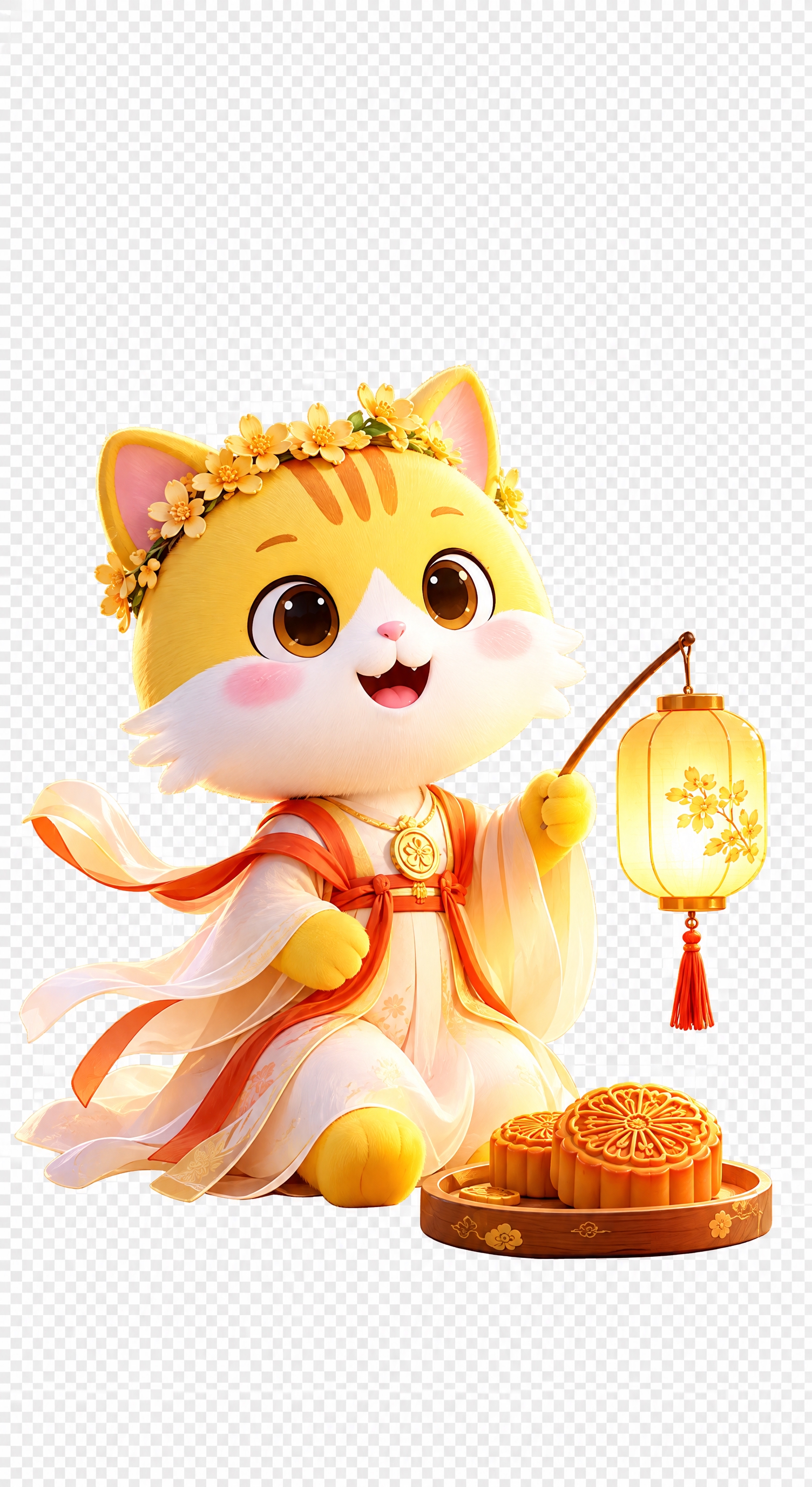 将图中的小猫和月饼盒（含托盘）精准抠图出来，去除所有背景（月亮… - 图片创意预览