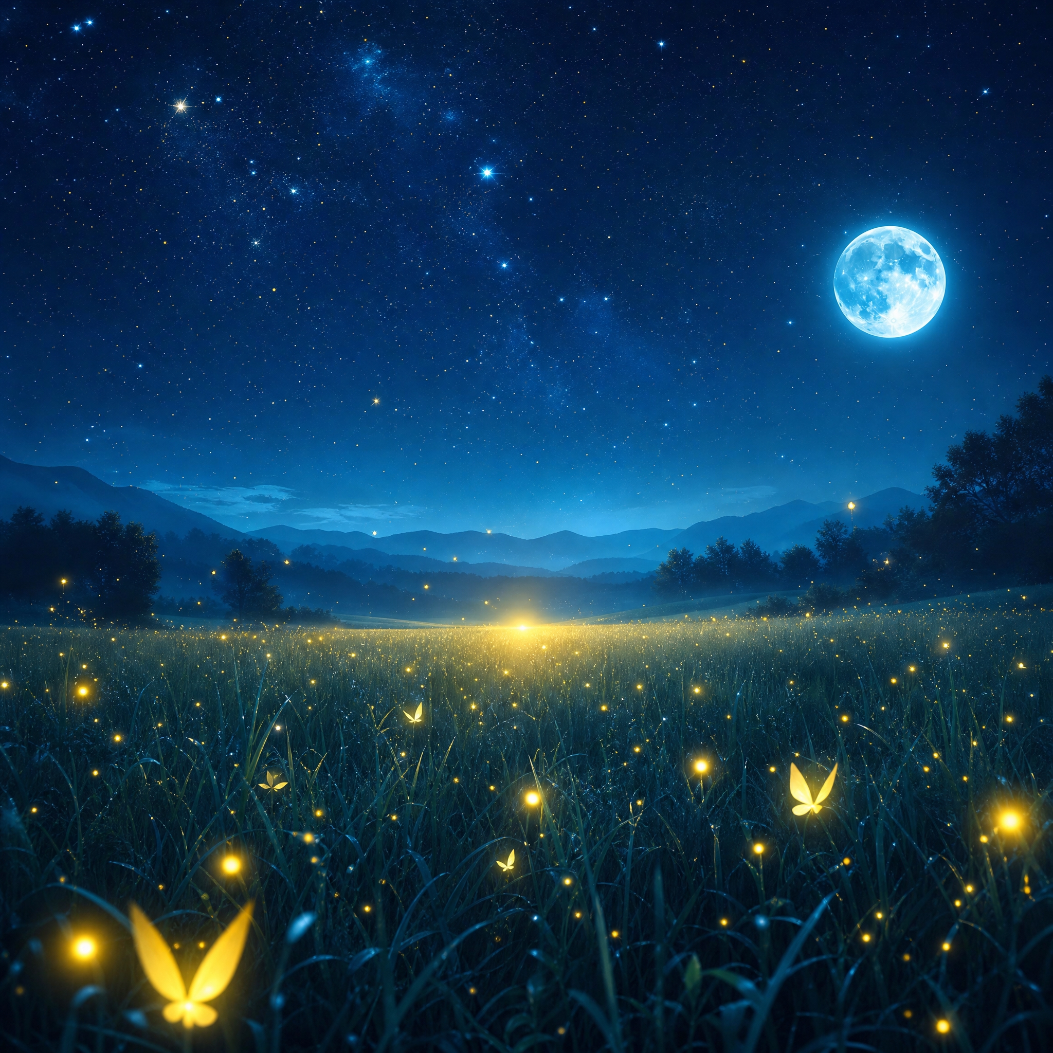 参考图片的梦幻治愈风格，重新生成全新的夜景画面。深蓝渐变的夜空… - 图片创意预览