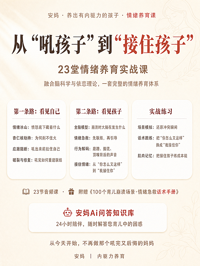 在这张海报的暖杏色背景上，添加一个淡淡的、低透明度的妈妈抱着孩子的简笔画线条装饰，放在背景的角落（比如右下角或右上角），线条颜色比背景稍深一点，非常淡不影响文字阅读，保持整体海报的留白和简洁风格，其他文字和模块内容不变。