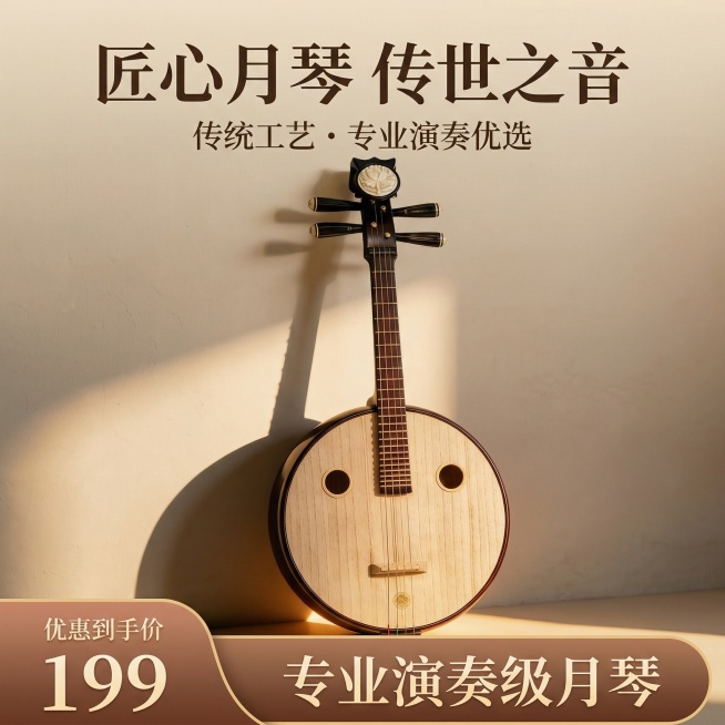 基于上传的月琴产品图生成1:1竖版电商主图，新中式极简国风风格，严格还原月琴细节：实木面板、雕花琴头、双音孔、金色标识。背景为暖调浅米色墙面，搭配柔和侧光光影，突出产品质感与高级感。主标题居中放大：「预览效果