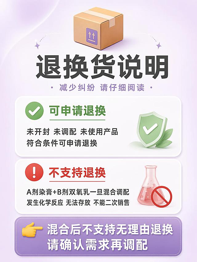 [海报3] 退换货规则公告海报。
[氛围/风格] 清晰正式通知风 浅紫浅米白底色 与产品包装色调统一 包裹📦图标 重点信息突出 拼多多竖版详情适配 版式精美
[主体元素] 画面顶部包裹📦图标 下方主标题区 中部两个退换货规则板块 第一个板块用绿色对勾图标 表示可退换情况 第二个板块用红色感叹号图标 表示不可退换情况 底部有重点提示框 用箭头👉图标强调 每个板块有圆角卡片背景 重点信息用底色高亮突出 画面四周留足安全边距 文字不贴边
[光影质感] 整体均匀柔光 无强烈明暗对比 卡片有轻微阴影增加层次感 重点提示框有更强的视觉重量 画面通透明亮 干净清爽
[配色色系] 全局底色 #F5F0F8 浅紫米白渐变 主色浅薰衣草紫 #B8A9C9 辅助色白色卡片+深灰文字 #4A4A4A 点缀色绿色对勾 #7FB77E +红色警示 #E74C3C
[视角构图] 正面平视 垂直信息流布局 阅读动线从上到下 标题→可退换→不可退换→重点提示 留白充足 手机浏览舒适
[文字版式] 顶部居中包裹emoji+主标题 主标题最大号粗体深灰色 写「退换货说明」 副标题小字写「减少纠纷 请仔细阅读」 中部第一个板块 绿色对勾图标+标题「可申请退换」加粗 正文两行 未开封 未调配 未使用产品 符合条件可申请退换 中部第二个板块 红色感叹号图标+标题「不支持退换」加粗 正文两行 A剂染膏+B剂双氧乳一旦混合调配 发生化学反应 无法存放 不能二次销售 底部重点提示框 浅紫渐变底 白色文字 箭头👉图标开头 写「混合后不支持无理由退换 请确认需求再调配」 重点提示框文字加粗放大 所有文字清晰可读 行间距宽松 不密密麻麻
[比例分辨率] 3:4竖版比例 2K分辨率 文字清晰可辨 高清画质
[内容填充约束] 画面中所有信息区域 卡片 列表必须填充完整合理的内容 不得出现空白框 空白占位 横线待填写区域 空列表项 空单元格 确保是完整可用的成品海报而非待填写模板
[负向提示词] 变形 水印 文字错乱 文字过小 背景杂乱 电商平台Logo 二维码