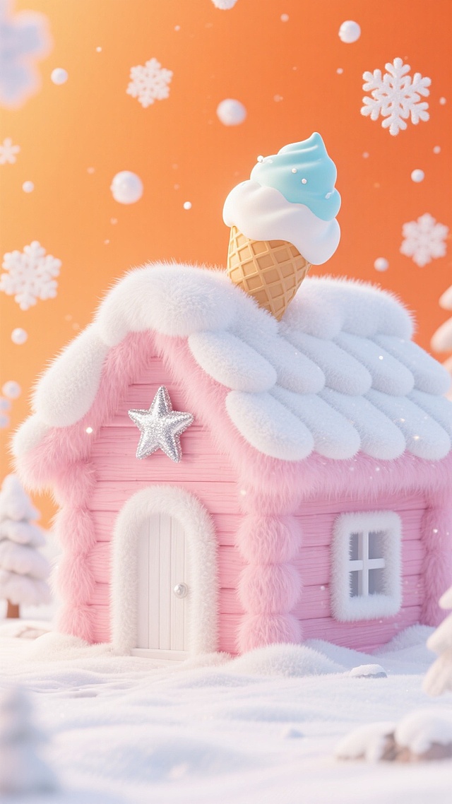 画面中心是粉色的小木屋（白色门和窗），上面有星星的装饰，屋顶覆盖白雪，房顶上有一个巨大的被雪覆盖的冰淇淋，橙色的天空，周边飘着白色雪花，地面有积雪