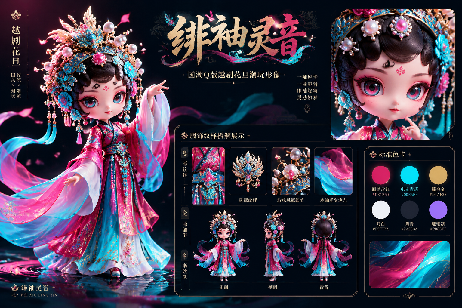 IP概念设计展板，角色名为绯袖灵音，国潮Q版越剧花旦潮玩形象，… - 图片创意预览
