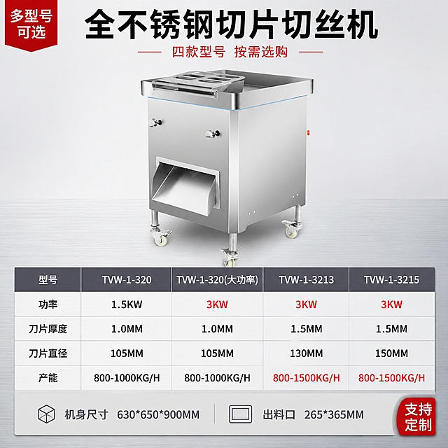 [主图-3] 全不锈钢切片切丝机多型号规格对比图，清晰展示四款型号参数差异。
[氛围风格] 专业信息图风格，浅灰干净背景，表格化参数展示，清晰易读，突出选型便利。
[画质] 商业摄影质感、光线均匀柔和、产品清晰真实、表格文字锐利可读、画面整洁专业。
[元素] 全不锈钢切片切丝机位于画面上方居中，正面45°视角，完整展示整机外观。下方为四列型号参数对比表格。背景为浅灰色渐变，底部有淡淡的不锈钢台面纹理，产品下方有柔和投影。画面左上角有"多型号可选"标识，右下角有"支持定制"小标签。保持切片切丝机外观（即物理结构、材质质感、颜色、尺寸比例）与输入产品图完全一致，杜绝任何变形和色差，精细化处理。商品主体占比约45%。
[光影] 顶部均匀柔光打亮产品，左右两侧补光减少阴影，金属表面反光柔和自然，整体光影均匀、明亮干净、突出产品全貌和细节。
[配色] 主色浅灰、白色、不锈钢银灰；辅色深灰、红色；表头用深灰底白字，关键数据用红色高亮。
[视角构图] 俯视微平视角度，上产品下表格的上下构图，产品居中完整展示，下方表格整齐排列，信息层级清晰。
[文字版式] 顶部产品上方大标题"全不锈钢切片切丝机"，黑色粗体大字；下方红色小字"四款型号 按需选购"。下方参数表格为四列五行，表头深灰底白字，第一列表头"型号"，内容分别为"TVW-1-320""TVW-1-320(大功率)""TVW-1-3213""TVW-1-3215"；第二行"功率"，内容"1.5KW""3KW""3KW""3KW"，3KW用红色标注；第三行"刀片厚度"，内容"1.0MM""1.0MM""1.5MM""1.5MM"；第四行"刀片直径"，内容"105MM""105MM""130MM""150MM"；第五行"产能"，内容"800-1000KG/H""800-1000KG/H""800-1500KG/H""800-1500KG/H"，高产能用红色标注。表格线条为浅灰色，文字居中对齐，清晰易读。底部通栏浅灰色条，左侧"机身尺寸 630*650*900MM"，右侧"出料口 265*365MM"，深灰字。
[输出要求] 1:1比例，文字清晰锐利，画面超高清商业摄影质感。
[负向提示词] 变形，文字错乱，产品图模糊，背景杂乱，水印，电商平台Logo，多余的手，多余的手指，畸形手，融合手指，手部扭曲，人物面部扭曲。