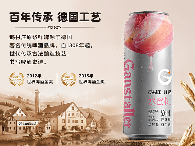 「图片1」，生成一套详情页，商品名称为鹅村庄鲜啤·水蜜桃果啤，适配抖音/快手平台，单图比例为4:3，需求屏数为8张。
酒精度：≥3.8°VOL，原麦汁浓度:10.5°P
源自1308年纯正德国工艺·罐装锁鲜
品牌故事：鹅村庄原浆鲜啤源于德国著名的传统啤酒品牌AndreasGanstaller是德国慕尼黑最古老的啤酒品牌之一，鹅村庄是她的中文寓意。自1308年起，在德国Breiteng bach，Ganstaller家族便以世代传承的古法酿造技艺书写着一部流淌的啤酒史诗。数百年来，家族在坚守传统的同时不断精进创新，打造出多达20余种风味独特的啤酒，使其不仅风靡当地，更享誉整个欧洲。
荣获世界啤酒冠军联盟金奖，2012年金奖，2015年金奖
发酵工艺对比，鲜啤的艾尔发酵和工业水啤的拉格发酵
艾尔发酵：1. 无嘌呤纯净原料
228天长时低温慢发酵
3.不过滤不杀菌
内含活酵母4.
5.低温储存90天锁鲜
6.浓香麦芽味
7.酒液浑浊泡沫细腻
拉格发酵
1.
2.7天发酵周期
3.添加大量水
巴氏灭菌4.
5. 常温超长储存周期
6.味道寡淡
7. 酒液清透泡沫大
纯净原材料
配料干净，只添加水麦芽啤酒花酵母
再来一张酿造流程