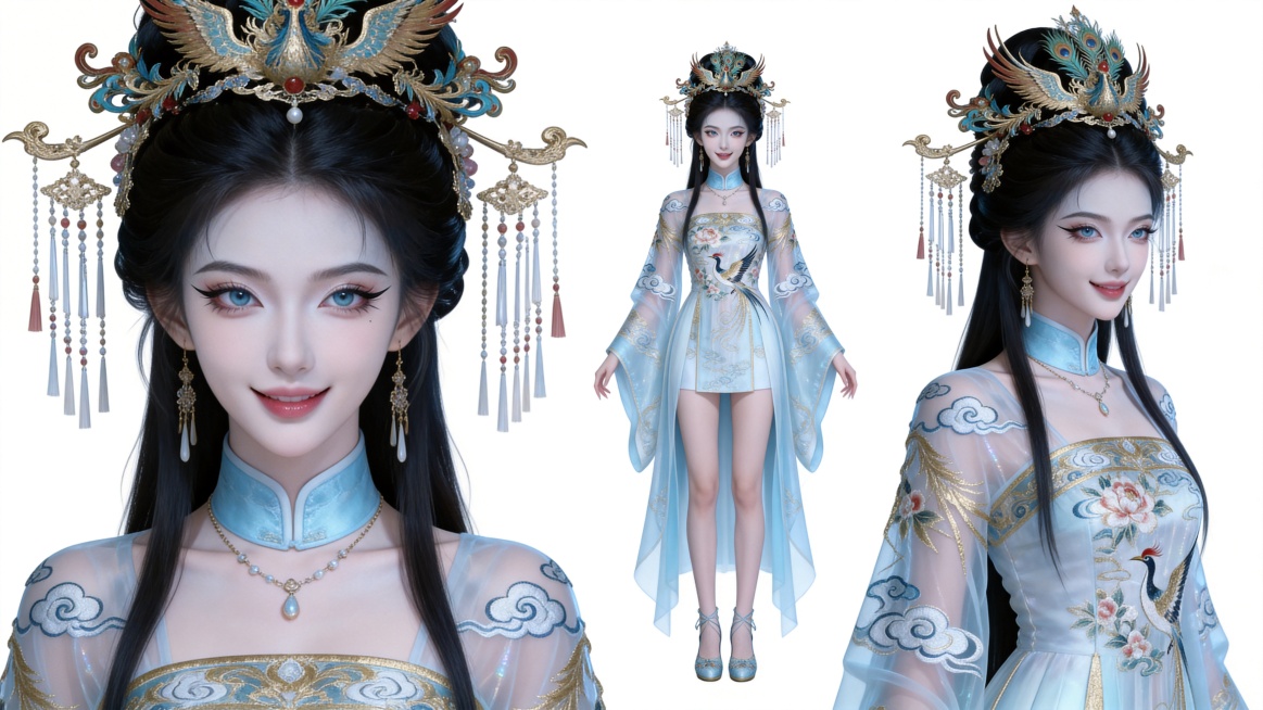 CG模型大师级别，3D渲染技术，高清写实渲染，纯白背景，古装言情剧女主，长相参考上一张参考图，服饰：公主制服，主色调为淡蓝、白、金，搭配中式纹样，融合传统汉服元素（立领、宽袖、长裙）。长相：十八岁，鹅预览效果