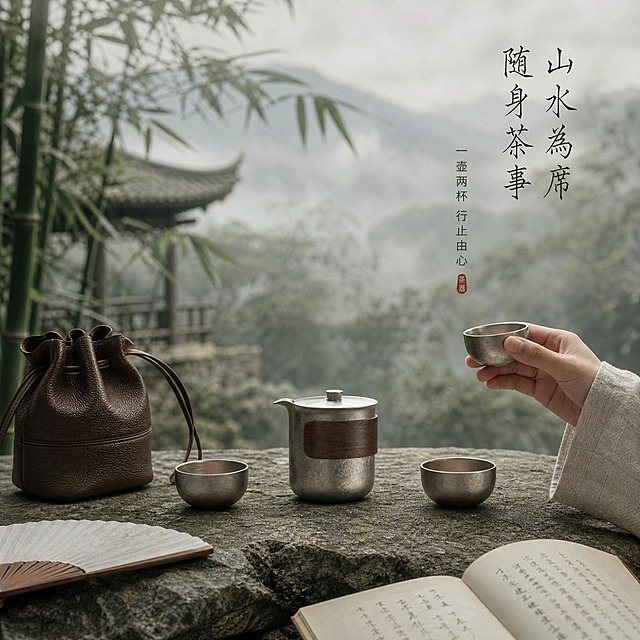 [主图-4] 场景适用与便携性 山间茶室户外品茶场景。
[统一基调] 新中式禅意茶美学风格，自然山林冷绿色调背景，整体色调清寂幽远，主标题墨黑色，辅助文字深绿色，强调色用赭石色，字体为瘦金体风格+简约无衬线体组合，清寂有山林气。
[画面] 山间古亭石桌上摆放纯钛快客杯全套，石桌表面有自然风化纹理。茶壶居中，两只茶杯分列左右，皮质收纳包斜靠在石桌边缘，旁边放一把折扇和半本翻开的诗集。背景是虚化的竹林山景，薄雾缭绕，远处山峦隐约可见，营造「山中何事 松花酿酒 春水煎茶」的隐逸意境。一只手正端起茶杯欲饮，袖口露出素色麻质布料。晨雾中的漫射光均匀柔和，产品表面反光自然。
[光影质感] 山间晨雾漫射光，光线极柔，几乎无硬影，产品与环境自然融合，整体色调偏冷绿，有清寂幽远的氛围感。
[配色] 山林冷绿色调背景，产品银灰色+深棕皮质包，石桌青灰色，文字墨黑色+赭石色点缀，整体清寂幽远有诗意。
[文字版式] 右上角竖排主标题「山水为席 随身茶事」，下方小字「一壶两杯 行止由心」，文字居右上竖排，留白充足，不破坏画面意境。
[输出要求] 1:1正方形 2048x2048 2K分辨率，场景自然有意境，产品融入感强。禁止手部畸形、穿模、错字、模糊、水印、平台Logo。