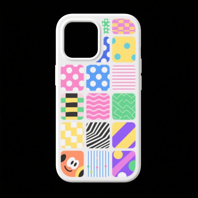 极简风格的智能手机保护壳3D渲染图，白色背景下居中展示，清晰的线条勾勒出手机壳的轮廓和摄像头开孔细节，表面覆盖多种不同颜色（包括但不限于粉色、蓝色、黄色、绿色、紫色）和丰富各异图案（如波点、条纹、几何图形、卡通元素、抽象纹理）的设计，保持统一的简约3D质感和干净的视觉效果，无任何文字或标识。预览效果