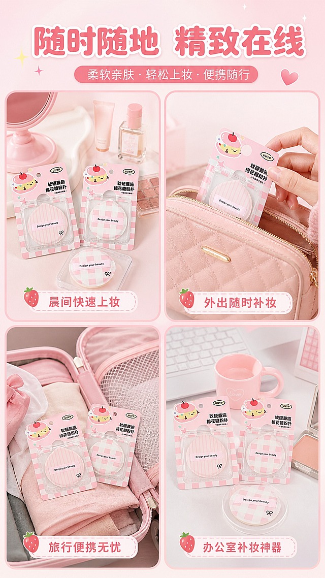 [商品] 使用【图1】包装好的粉扑+【图3】拆封粉扑；保留水滴形轮廓、粉白竖条纹和棋盘格花色、透明收纳盒、粉色格纹包装；产品真实功能方向为用于面部上妆；修复：保留原有结构、颜色和材质。
[画面] 目标：多场景种草页。竖版构图，采用2×2四宫格拼图，展示4个日常使用场景：①晨间上妆（梳妆台场景）；②外出补妆（包包里拿出）；③旅行携带（行李箱/洗漱包）；④办公室补妆（桌面场景）。每个场景中都有粉扑产品自然融入场景中。背景整体粉色系，风格统一甜美。
[视觉] 套系策略：风格=甜美少女风生活场景摄影；标题字=圆润可爱粗圆体；正文字=简洁圆润无衬线体；主色=樱花粉+奶白色；背景延展=基于樱花粉做深浅渐变、场景柔化；强调色=草莓红（仅用于小面积标签点缀）；标题色=深粉色；正文色=暖灰粉；组件=圆角场景卡片、场景标签；光影=每个场景自然光感柔和明亮。
[文字] 顶部主标题"随时随地 精致在线"；4个场景分别配标签："晨间快速上妆"、"外出随时补妆"、"旅行便携无忧"、"办公室补妆神器"；每个场景标签文字横向排版，手机端清晰可读。
[规格] 图片比例9:16竖版，4K，避免变形、错字、文字过小、冷蓝/蓝灰背景、产品颜色改变、结构失真、极限词。