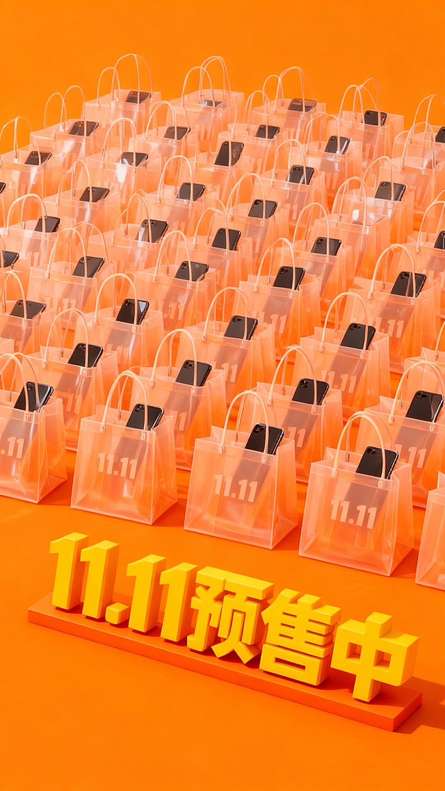 大量浅橙色半透明购物袋整齐排列，每个购物袋内都放着重复相同的图中主体，每个袋子上印有醒目的 “11.11”，俯视，背景为橙色，热闹的促销氛围，下方为黄色3D大字立牌“11.11 预售中”。