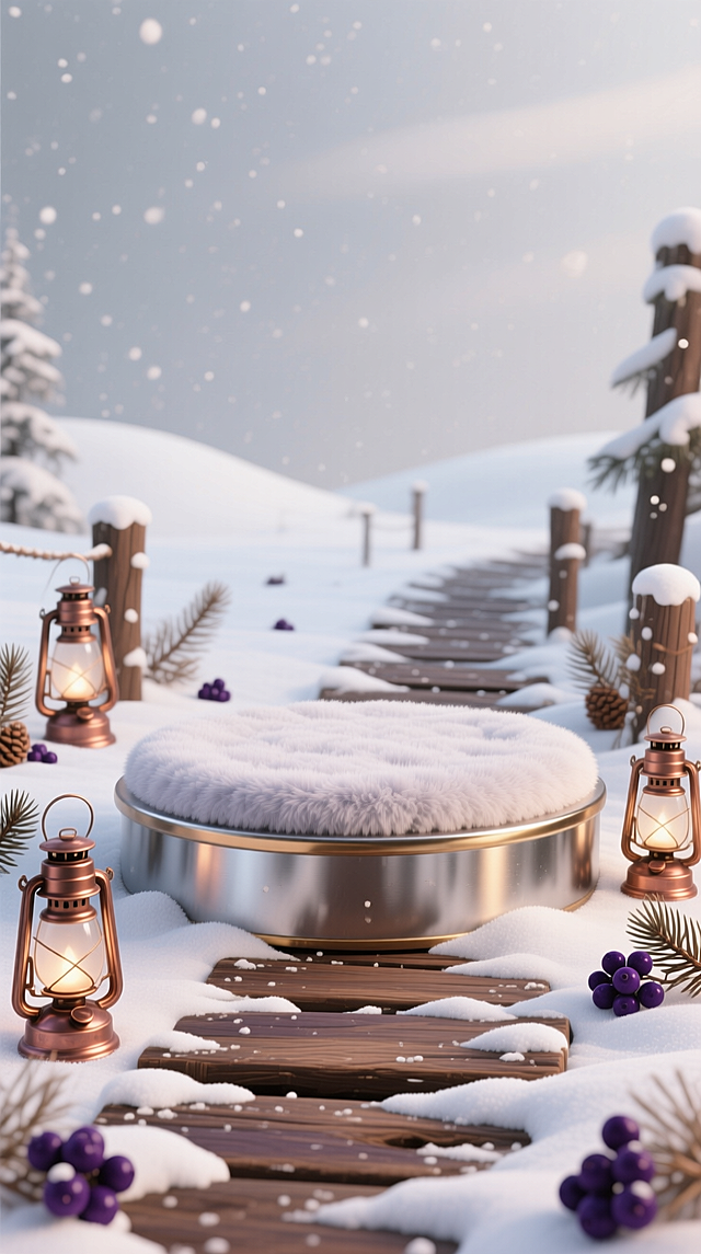 3D 卡通风格，圆形金属展示台铺着毛绒雪垫，置于积雪旧木栈道上。周围散落复古铜色灯笼、带雪干松针，点缀深紫浆果，背景是浅灰蒙雪天空，配色金属银 + 木棕 + 深紫，复古静谧，质感独特。