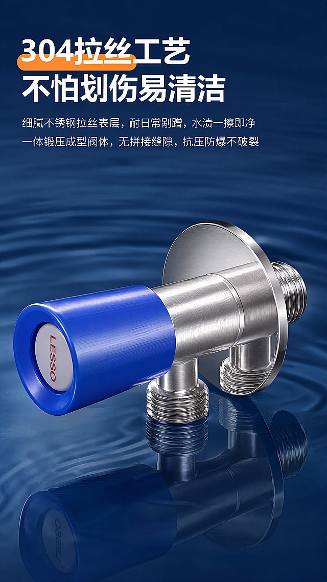 第4张 材质工艺详解页-304精细拉丝工艺。本张使用【图3】作为商品主体参考。
[氛围/风格] 五金建材高端质感风，深蓝色水波纹背景，金属拉丝质感突出。
[元素布局] 画面主体为联塑蓝色手轮角阀45度斜侧视角，展示阀体304不锈钢拉丝表面，角阀占画面约55%；背景为深蓝色水面涟漪效果，水面倒映角阀底部，突出防水耐腐蚀特性；角阀阀体银色拉丝纹理清晰，手轮为蓝色ABS材质，中心LESSO标识清晰。
[光影质感] 侧上方柔光，金属拉丝表面有细腻高光条纹，阀体边缘轮廓光，水面倒影柔和，整体高级有质感。
[配色色系] 全局底色 #0A2442 深蓝水波纹；主色银色金属拉丝；辅助色蓝色手轮、橙色标题点缀。
[视角构图] 45度斜侧视角，产品位于画面中下偏左，右侧和上方留文字区。
[文字版式] 左上标题区。主标题「304拉丝工艺」白色大字，橙色高亮「拉丝工艺」；副标题「不怕划伤易清洁」；下方两行说明文字：「细腻不锈钢拉丝表层，耐日常剐蹭，水渍一擦即净」「一体锻压成型阀体，无拼接缝隙，抗压防爆不破裂」；文字不遮挡阀体主体。
[比例分辨率] 9:16竖版比例，4K分辨率，文字清晰可辨，高清画质。
[负向提示词] 产品变形，缺件错件，颜色偏差，水印，文字错乱，拉丝纹理模糊，LESSO标识错误。