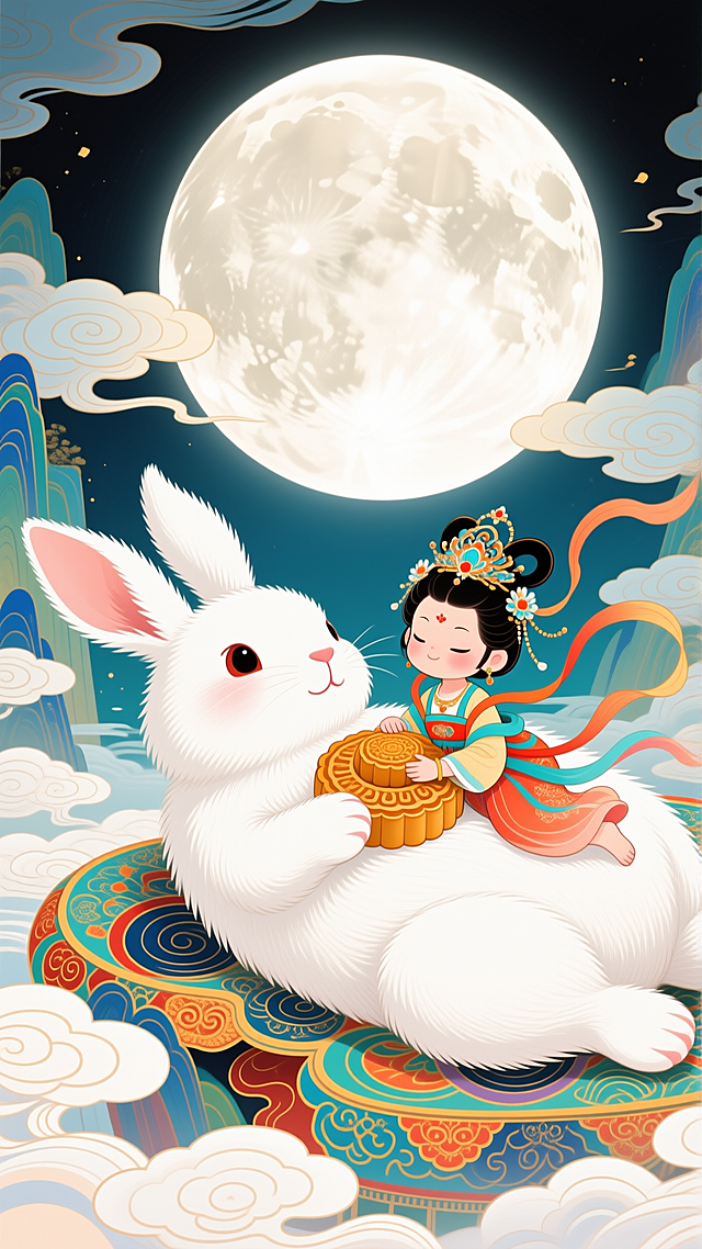 梦幻中式插画，拟人玉兔与古装少女共赏明月，超现实中秋佳节场景。