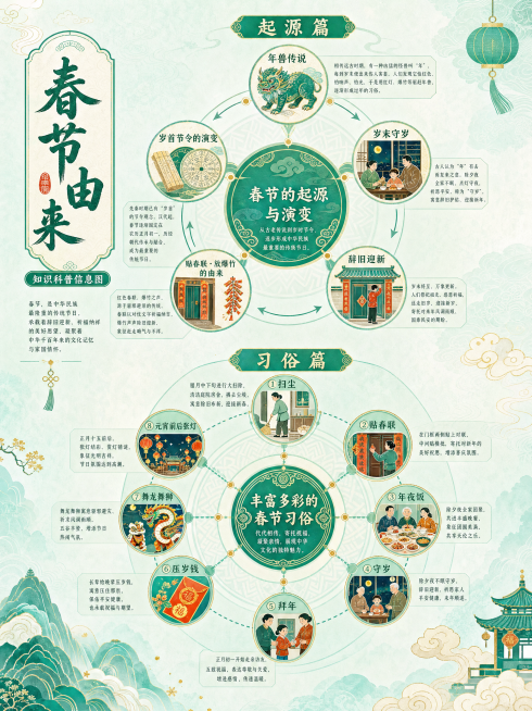 参考图片的青绿色国潮信息图表风格，制作主题为春节由来的知识科普信息图，分为起源篇和习俗篇两部分，采用环形信息排版，保留插画加文字说明的形式，整体配色为青绿青绿色调，排版清晰层级分明预览效果