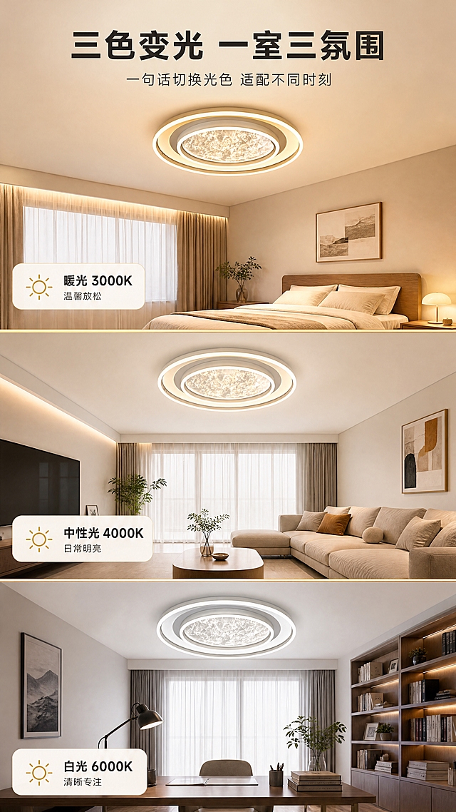 [商品] 使用【图1】M350 离线语音吸顶灯，以仰视角度呈现灯体同时点亮为三种不同色温状态，保留圆环结构、金属质感与中央导光板纹理，三格呈现的颜色差异仅为光色变化，灯体本身颜色与结构保持一致。
[画面] 目标：三色变光效果拼图。上下三格实景：第一格卧室内暖黄光氛围（2700-3000K 观感），第二格客厅中性光（4000K 观感，明亮自然），第三格书房冷白光（6000K 观感，清晰专注）；每格上沿留出灯光泳染与桌面投影，格间用细金分隔线。每格内灯体占该格约30%，前景包含对应的床/沙发/书桌元素。
[视觉] 套系策略：风格=现代简约家居实景商业摄影，高级质感；标题字=粗黑体无衬线；正文字=细黑体无衬线；主色=暖香槟金配米白；背景延展=基于米白与暖砂色做深浅层级、同色渐变和细腻墙面/木纹/布艺质感；强调色=亮金，仅用于小面积图标、引线和标签；标题色=深炭棕；正文色=暖灰；组件=圆角米白信息卡、细金引线、胶囊标签、大留白；光影=暖白柔光加灯体自身光晕。
[文字] 全部文字仅横向排版。主标题"三色变光 一室三氛围"；副标题"一句话切换光色 适配不同时刻"；三格标签"暖光 3000K 温馨放松""中性光 4000K 日常明亮""白光 6000K 清晰专注"。标签置于每格左下，不遮挡灯体与地面光泳。
[规格] 图片比例9:16竖版，4K，避免变形、错字、文字过小、竖排或旋转文字、灯体本身被改色、冷蓝/蓝灰成为背景主色、出现二维码水印与第三方平台Logo。