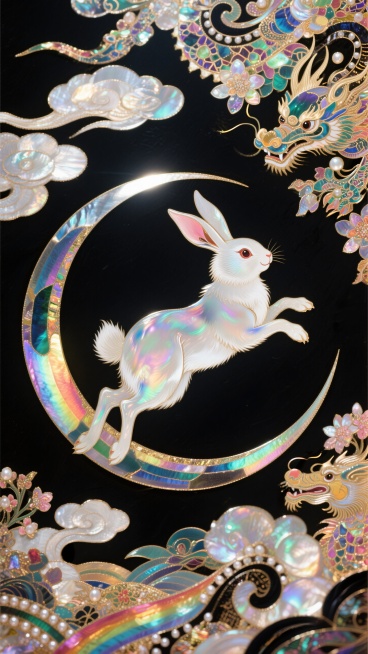 国潮，极繁主义，东方神话构图，玉兔腾空奔月，迷幻，意识流，黑色背景预览效果