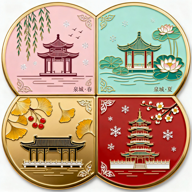 1:1正方形构图，3072×3072超高清晰度，纯透明背景PNG带完整透明通道，无任何杂色阴影反光。文创金属仿珐琅冰箱贴正面完整实物图，标准圆形四瓣拆分拼合结构，边缘干净无毛刺，统一0.8mm厚哑光鎏预览效果