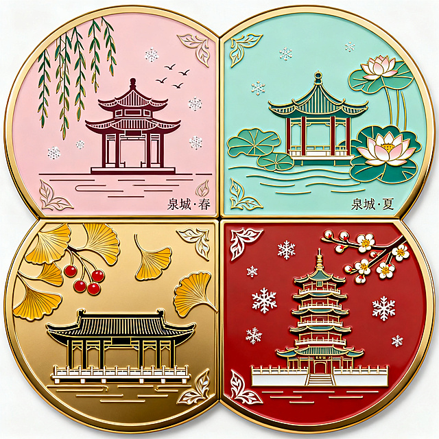 1:1正方形构图，3072×3072超高清晰度，纯透明背景PNG带完整透明通道，无任何杂色阴影反光。文创金属仿珐琅冰箱贴正面完整实物图，标准圆形四瓣拆分拼合结构，边缘干净无毛刺，统一0.8mm厚哑光鎏金金属包边，整体呈现细腻高级的哑光金属珐琅质感，无亮面反光。国风极简扁平化插画风格，所有线条宽度≥0.18mm，无细小镂空，色块边界清晰锐利，完全不套用真实实景照片，无任何人物、拟人化元素，零版权风险。四瓣严格按照春浅粉、夏浅青、秋暖金、冬朱砂红固定配色，中心对称布局：左上（春）：艺术化简化趵突泉三股水亭阁剪影，搭配垂丝柳枝条与飞舞的柳絮，边缘对称柳叶纹装饰，右下角标注纤细宋体“泉城·春”；右上（夏）：艺术化简化大明湖湖心亭剪影，搭配荷花荷叶与水波纹，边缘对称莲花纹装饰，左下角标注纤细宋体“泉城·夏”；左下（秋）：艺术化简化黑虎泉廊榭剪影，搭配金黄银杏叶与红果，边缘对称银杏纹装饰，右上角标注纤细宋体“泉城·秋”；右下（冬）：艺术化简化济南老钟楼剪影，搭配腊梅枝与雪花纹，边缘对称梅花纹装饰，左上角标注纤细宋体“泉城·冬”。整体色调和谐统一，元素疏密得当，主次分明，地标突出，文字清晰不突兀，拼合后为完整圆形，无错位偏差。画面纯净，仅展示冰箱贴本身，无任何多余背景元素，符合文创量产标准。