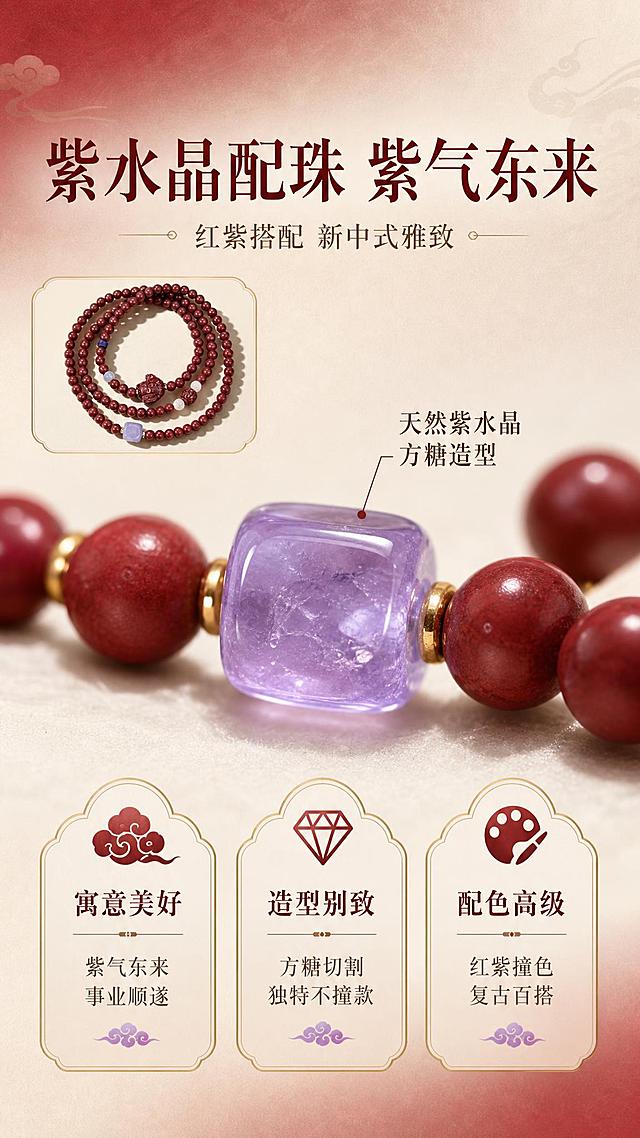 [主图-5] 紫水晶配珠卖点图，突出紫水晶「紫气东来」寓意和配色设计美感。
[统一基调] 高级红白渐变色调背景，从朱砂红到米白色的柔和渐变，背景带细腻纸质感肌理，哑光高级质感；整体风格统一为国风雅致高级感；字体使用文艺衬线体，主标题字色为深朱砂红，辅助文字为暖棕色，强调色为正红色；卡片与图标采用细金线描边+半透明米白底的精致样式。
[画面] 画面中心为紫水晶方糖配珠的微距特写，展示紫水晶的通透质感和方糖切割造型；旁边有朱砂珠子作对比，体现红紫配色的美感；画面上方有手串整体展示小图，下方有三个卖点图标卡片：1. 紫气东来 寓意美好 2. 方糖切割 别致造型 3. 红紫搭配 新中式雅致；紫水晶特写占画面约35%。
[光影质感] 珠宝微距摄影质感，紫水晶呈现晶莹通透的光泽，内部有天然冰绵纹理，方糖切面有清晰的反光；朱砂珠子温润哑光；整体光影柔和，突出两种材质的质感对比。
[配色] 背景为朱砂红到米白的高级渐变，带纸质感肌理；紫水晶为淡紫色，朱砂为暗红色；卡片为半透明米白底+细金线边框；文字为深朱砂红主标题+暖棕辅助文字，紫色点缀。
[文字版式] 画面顶部主标题「紫水晶配珠 紫气东来」，深朱砂红色大字体；副标题「红紫搭配 新中式雅致」，暖棕色；紫水晶特写旁标注「天然紫水晶 方糖造型」，小字；下方三个卡片横向排列：第一个「寓意美好」配祥云图标，说明「紫气东来 事业顺遂」；第二个「造型别致」配钻石图标，说明「方糖切割 独特不撞款」；第三个「配色高级」配调色盘图标，说明「红紫撞色 复古百搭」；文字层级清晰。
[输出要求] 比例9:16，2K分辨率，文字清晰可读，产品清晰不变形，紫水晶颜色造型与原图一致，无错字，无水印，无平台Logo；负向：紫水晶颜色改变、造型变形、文字遮挡主体、错字、水印、迷信功效宣传。