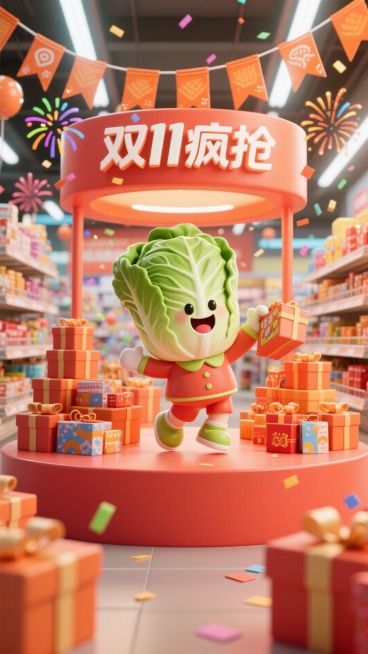 主视觉为白菜小人在繁华的购物中心里，和众多顾客一起围着促销展台抢购商品，展台上方挂着 “双 11 疯抢” 的闪亮吊旗，周围货架摆满堆头礼盒，空气中飘着彩色促销礼花，整体是充满活力的橙红色调。预览效果