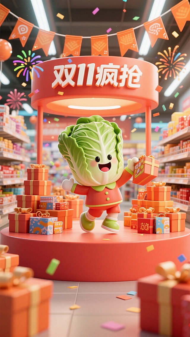 主视觉为白菜小人在繁华的购物中心里，和众多顾客一起围着促销展台抢购商品，展台上方挂着 “双 11 疯抢” 的闪亮吊旗，周围货架摆满堆头礼盒，空气中飘着彩色促销礼花，整体是充满活力的橙红色调。